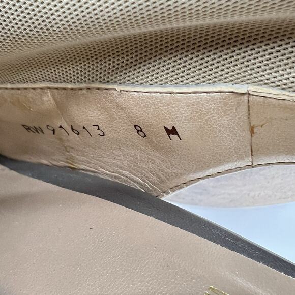 Stuart Weitzman Glove Tan Stretch Wedge Slingback Sandal Size 8M Cork Peep Toe - Picture 12 of 12